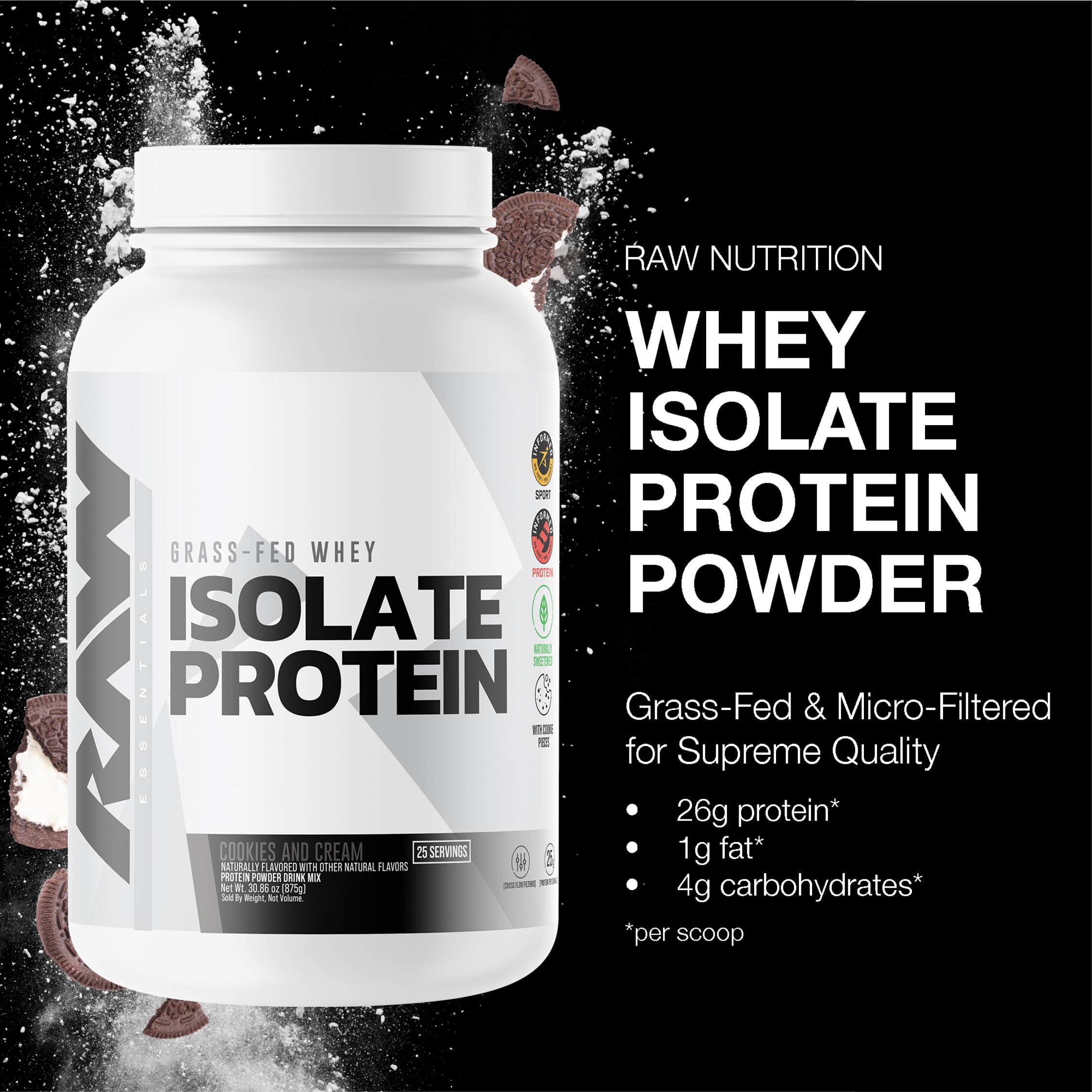 RAW Whey Isolate Cookies N Cream scoop highlights high-protein portion after training.