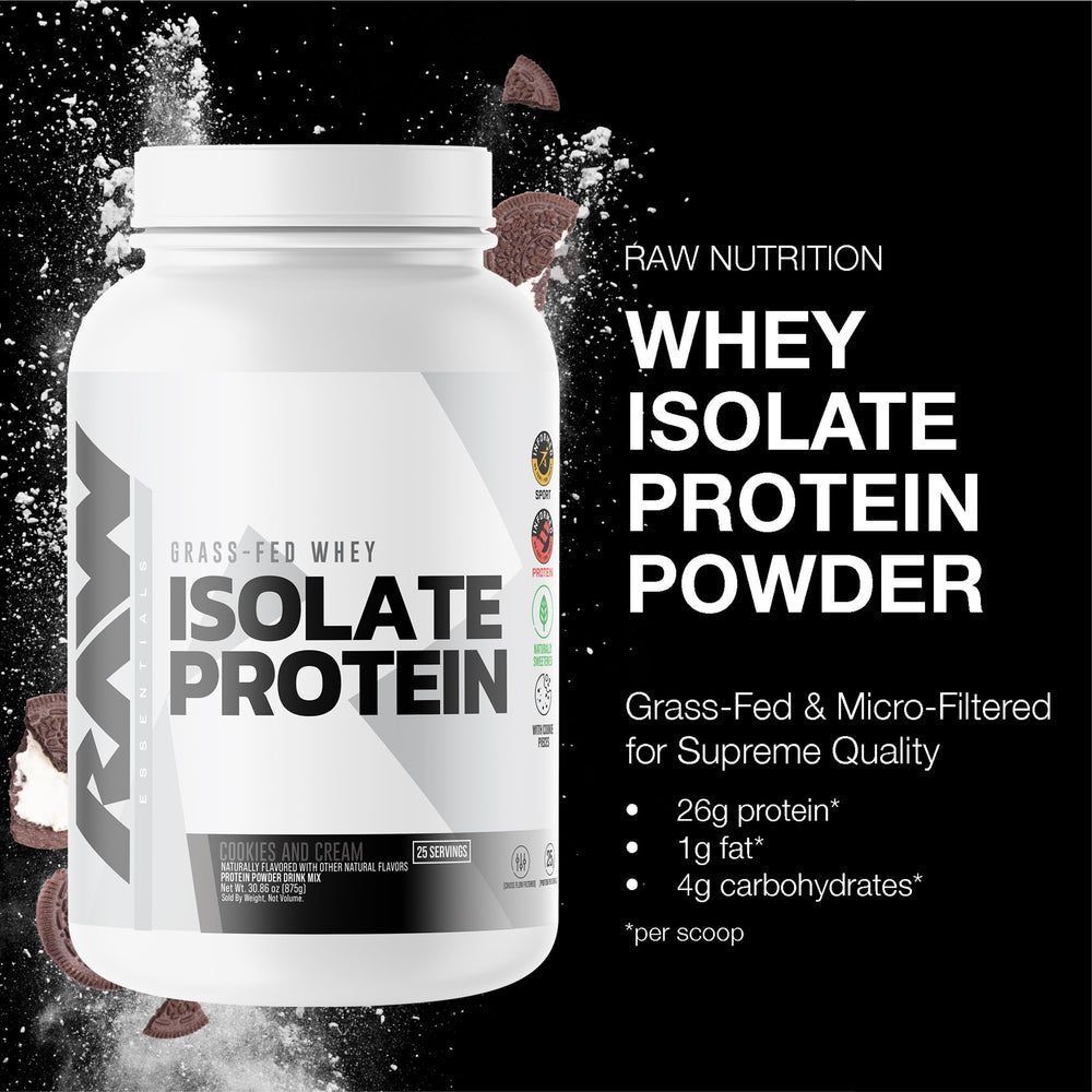 RAW Whey Isolate Cookies N Cream scoop highlights high-protein portion after training.
