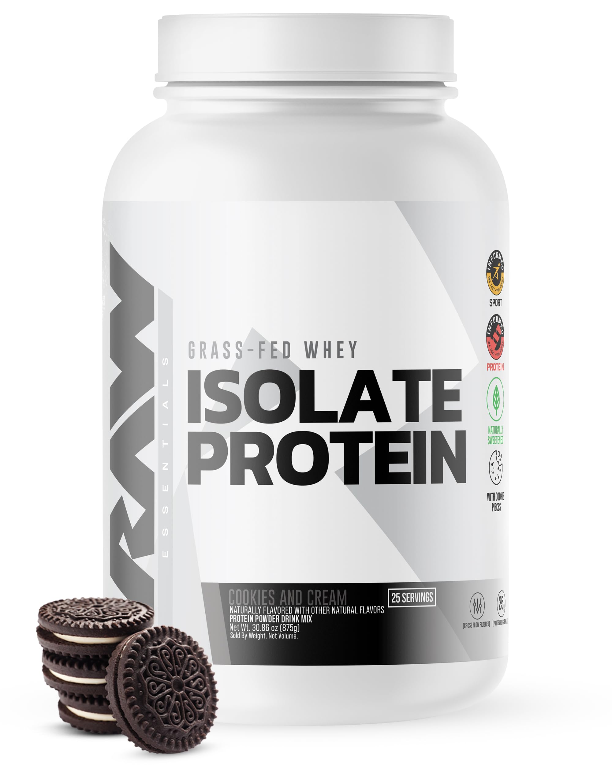 RAW Whey Isolate Cookies N Cream tub showcases lean protein option for workouts.