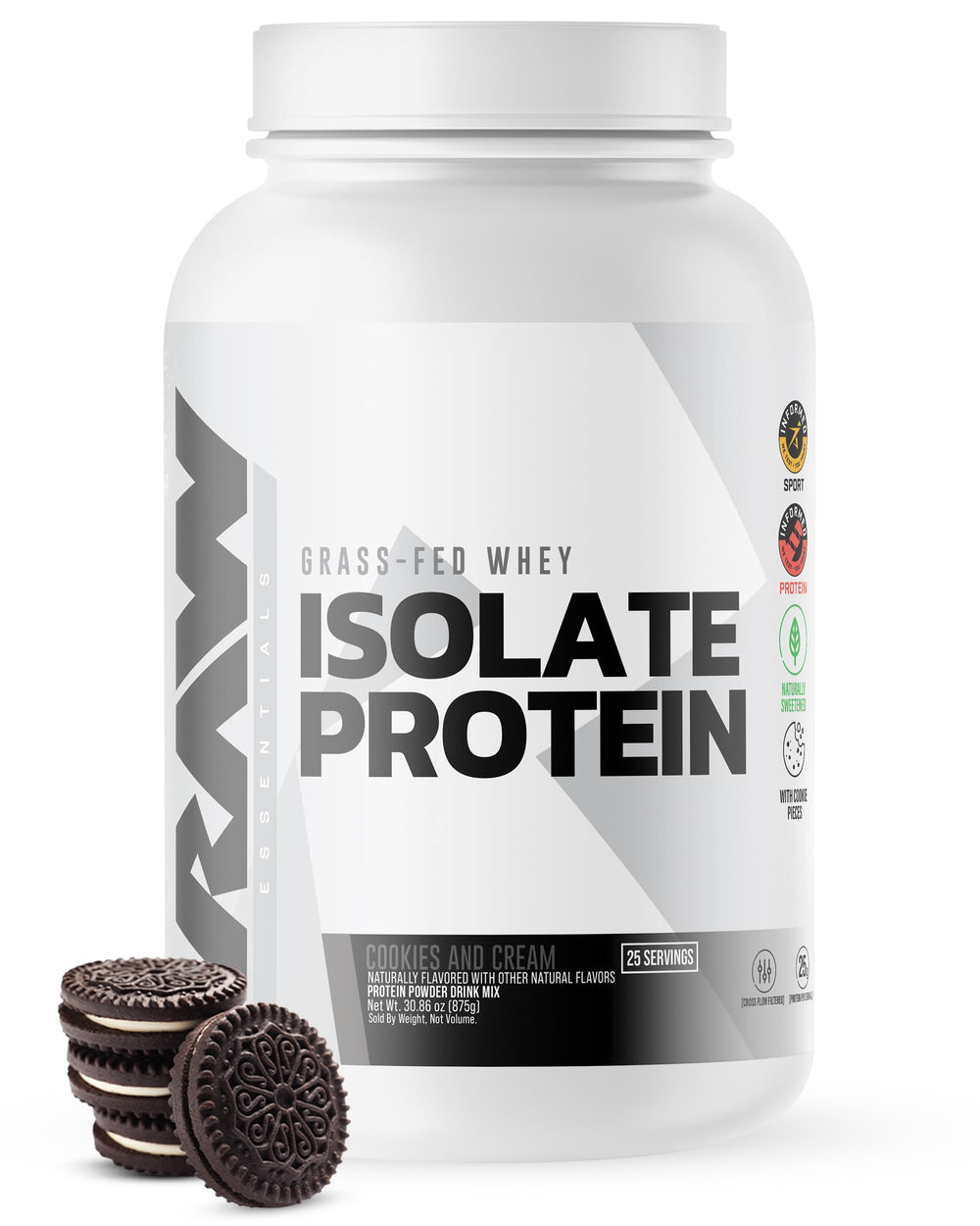 RAW Whey Isolate Cookies N Cream tub showcases lean protein option for workouts.