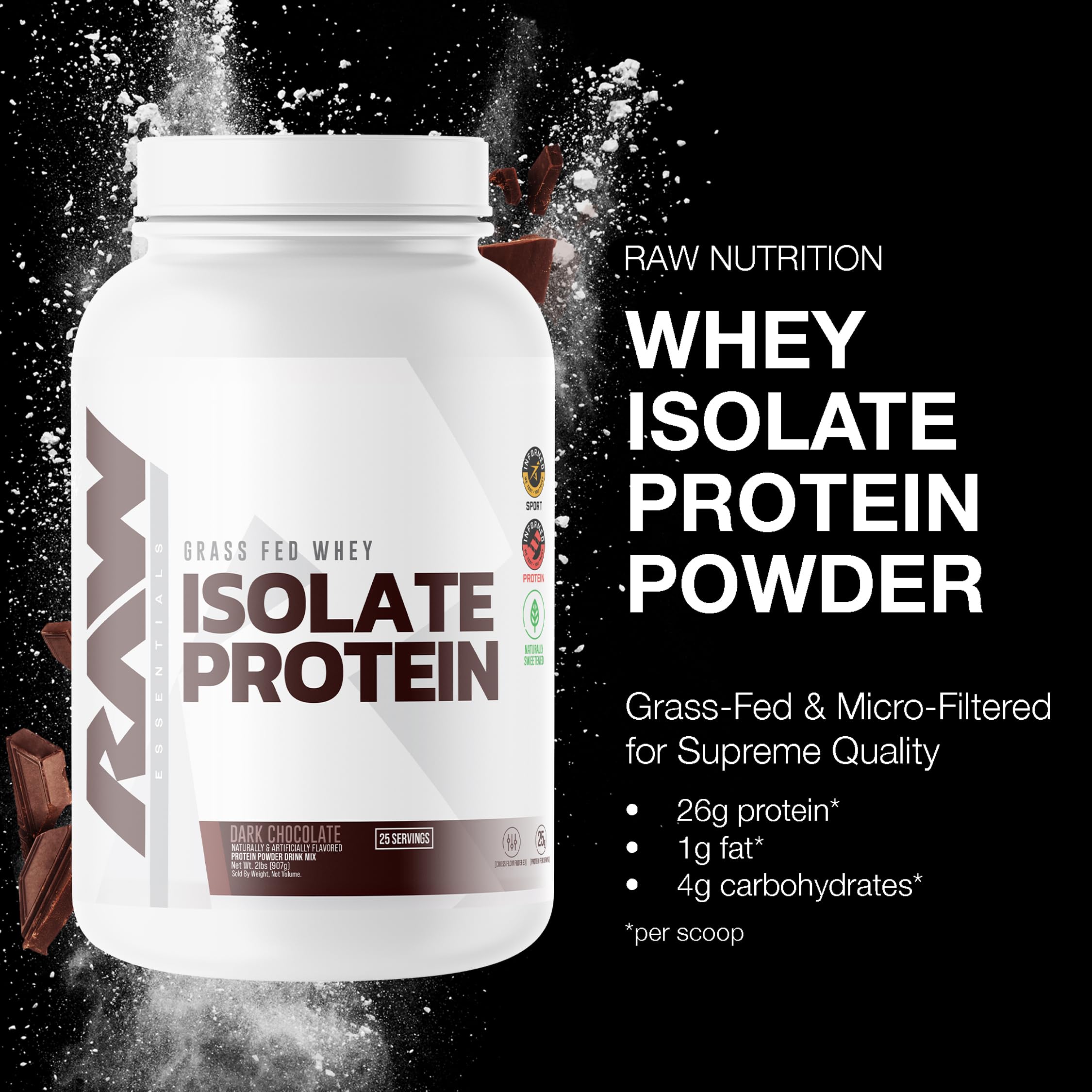 RAW Whey Isolate Dark Chocolate bag open highlights premium grass-fed formula