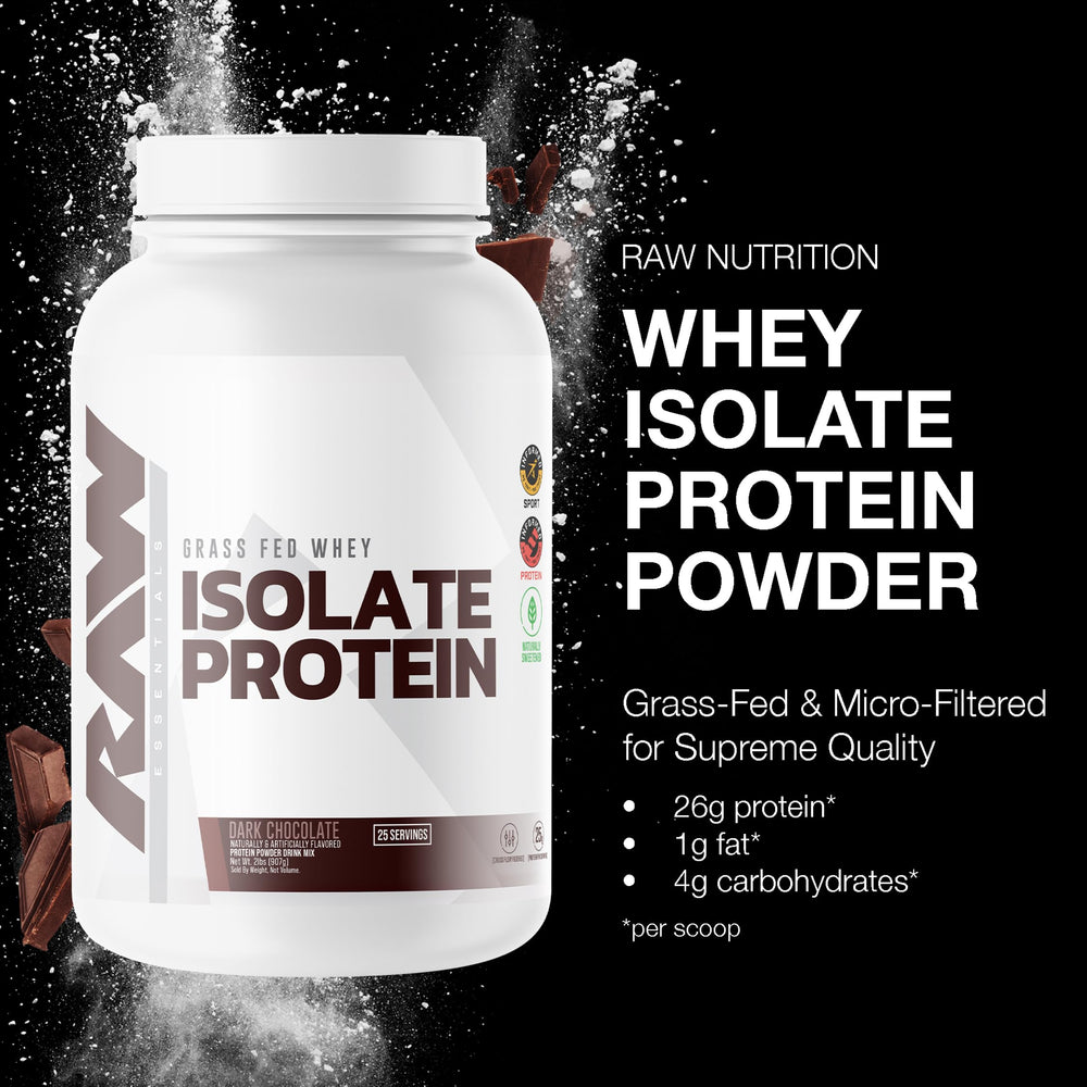 RAW Whey Isolate Dark Chocolate bag open highlights premium grass-fed formula