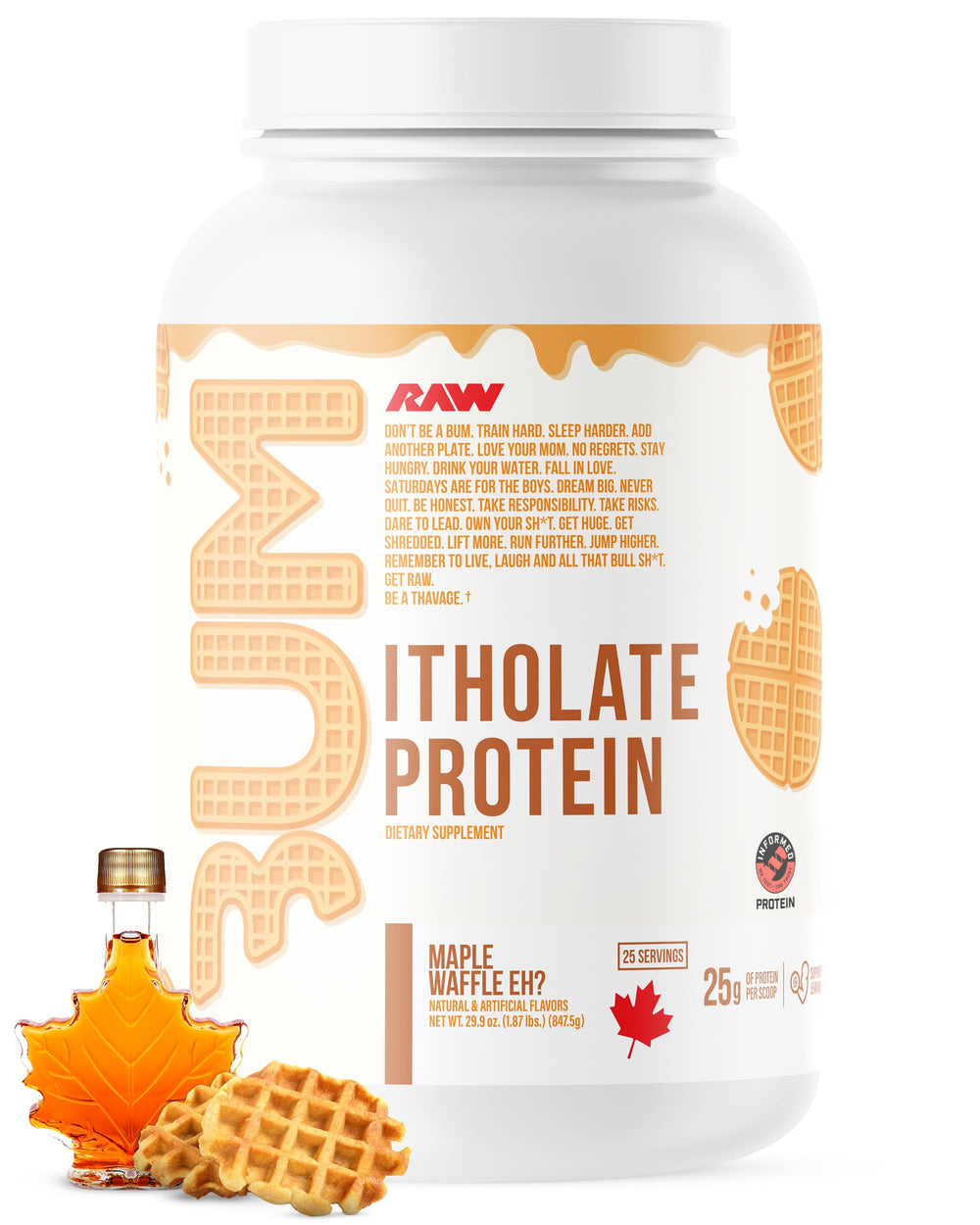 RAW Whey Isolate Maple Waffle Eh bottle showing premium protein for muscle recovery
