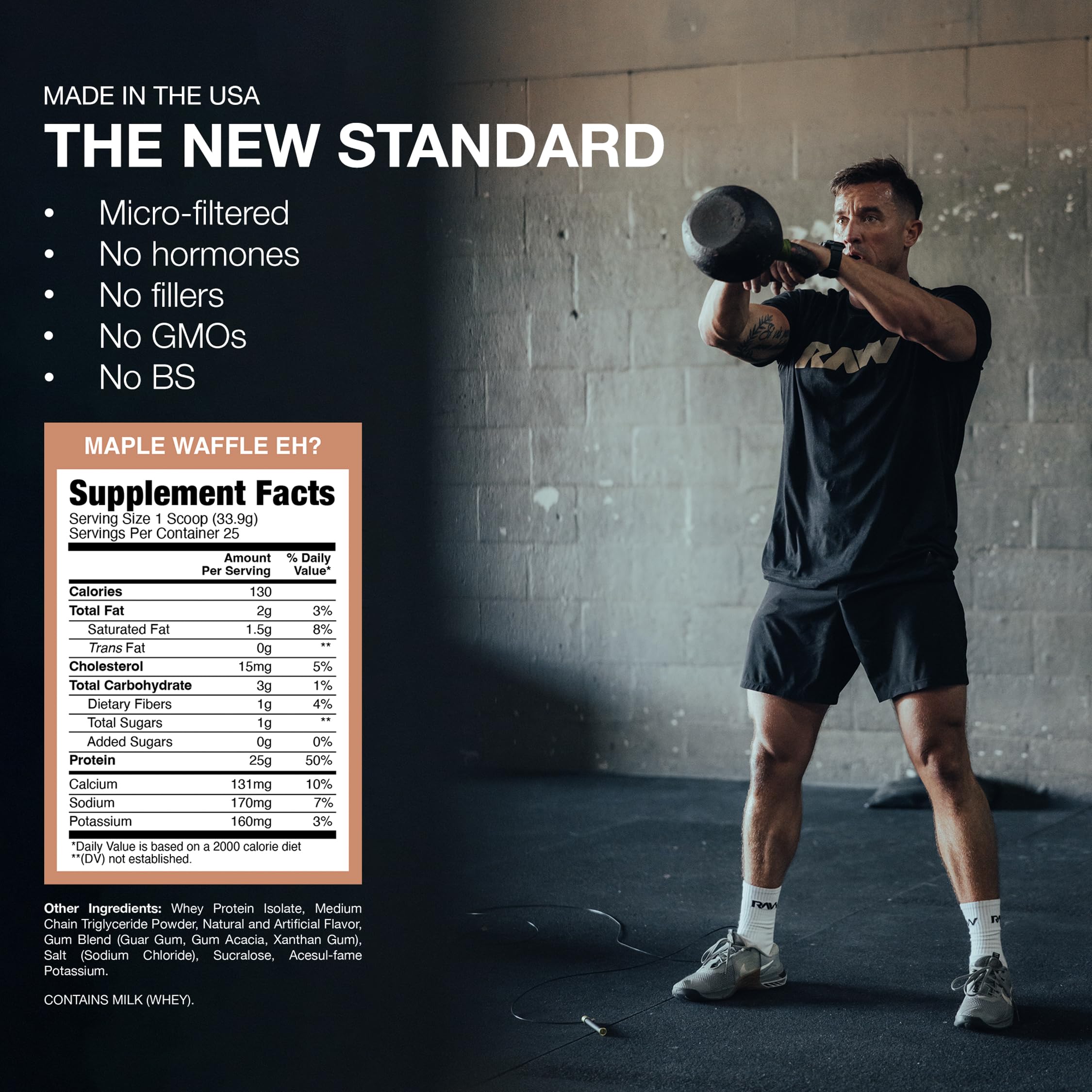 RAW Whey Isolate Maple Waffle Eh nutrition label highlights protein per serving