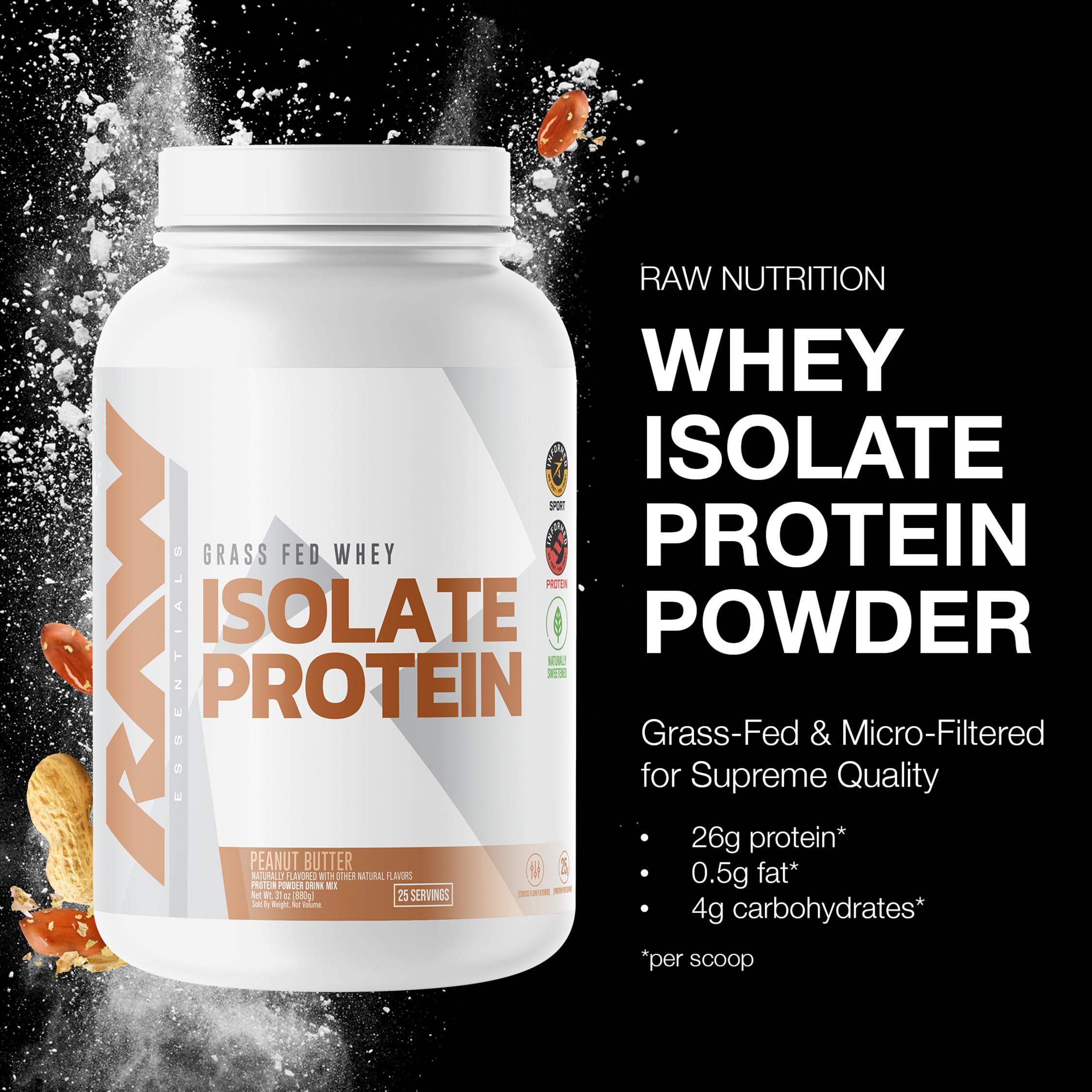 RAW Whey Isolate Peanut Butter scoop ready for shake convenience