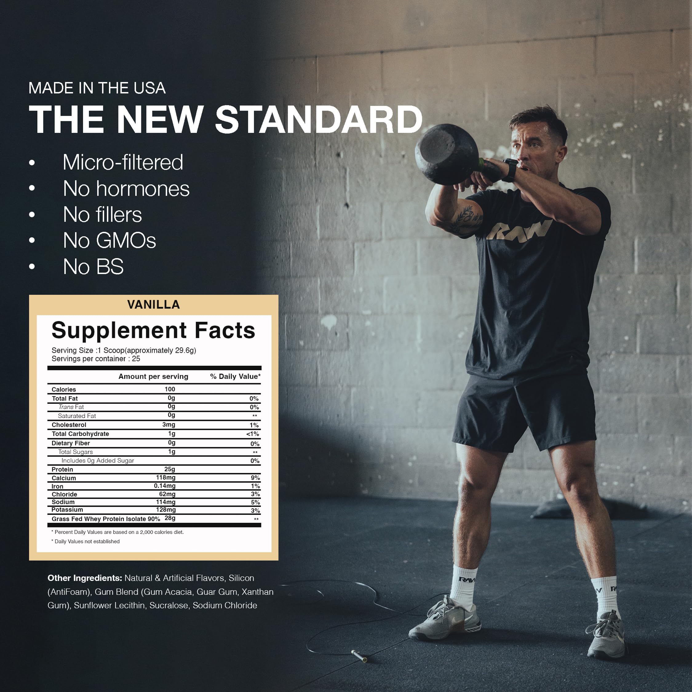RAW Whey Isolate Vanilla in glass shaker—on-the-go mix.