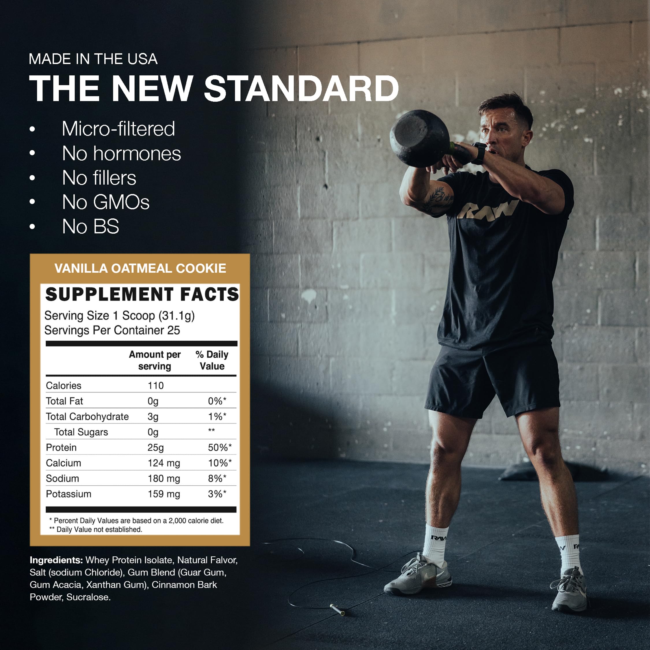 RAW Whey Isolate close-up lid communicates premium branding and clean ingredients