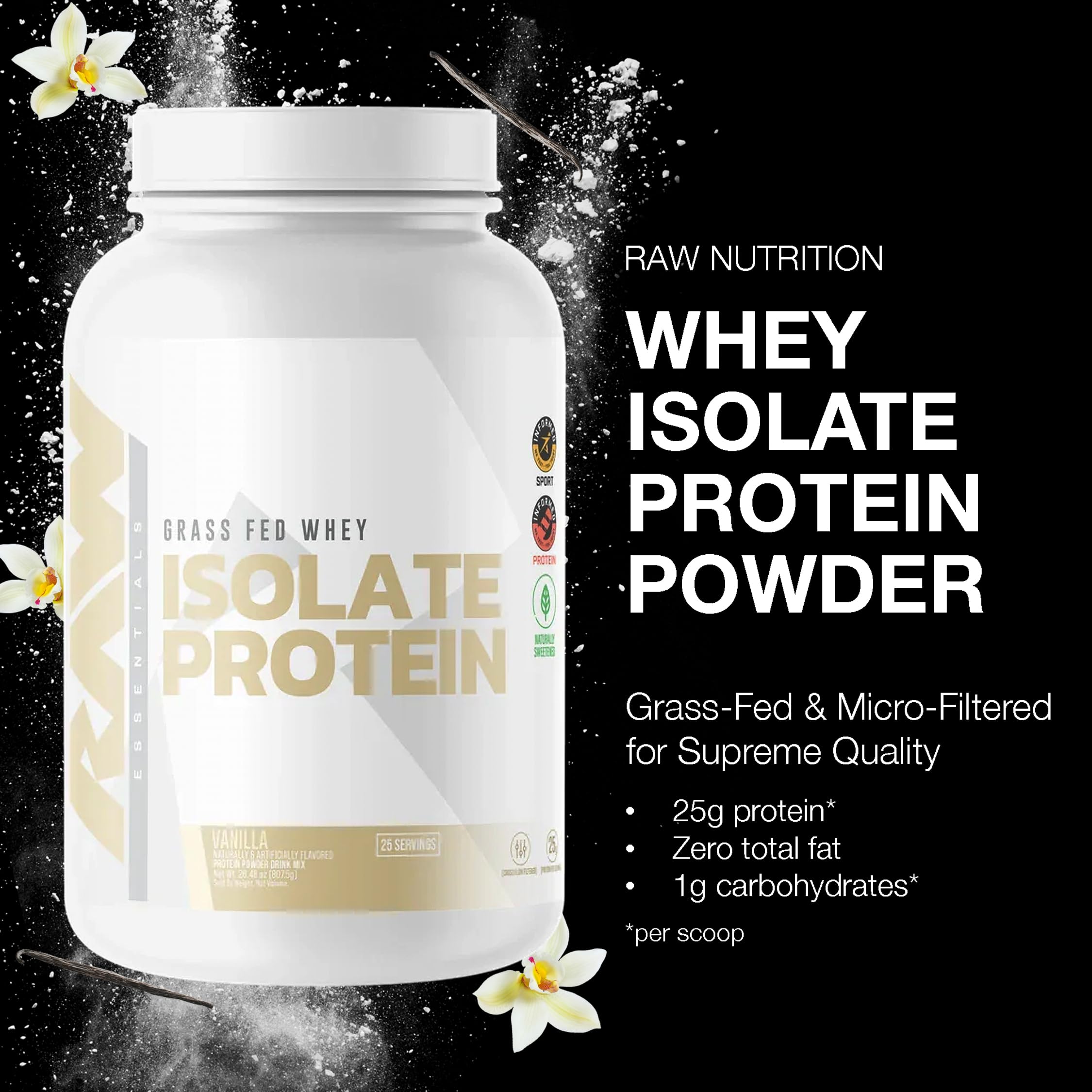 RAW Whey Isolate Vanilla serving scoop—easy daily protein.