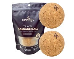 Rawlogy travel cork massage ball close-up showing textured cork for targeted self-massage.