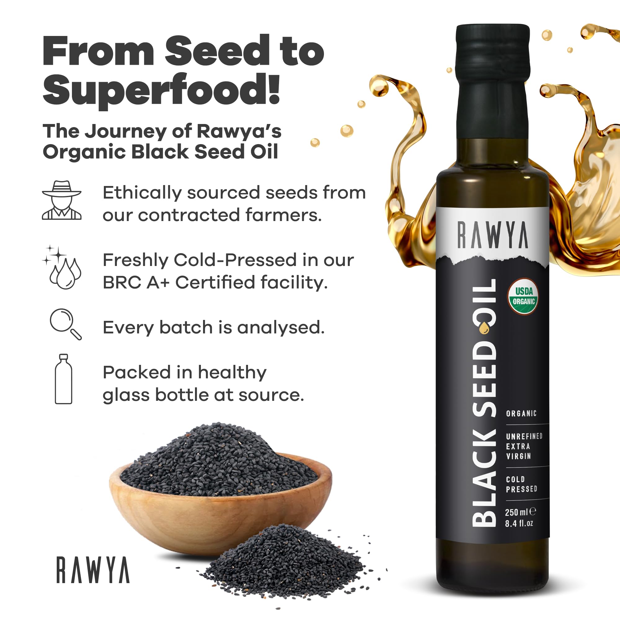 RAWYA Black Seed Oil glass bottle close-up shows pure non-GMO formulation.