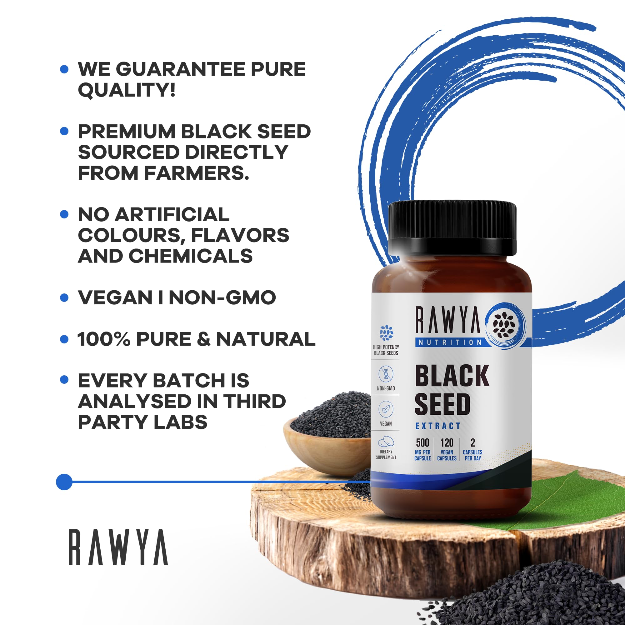 RAWYA glass bottle on shelf with natural ingredients in background