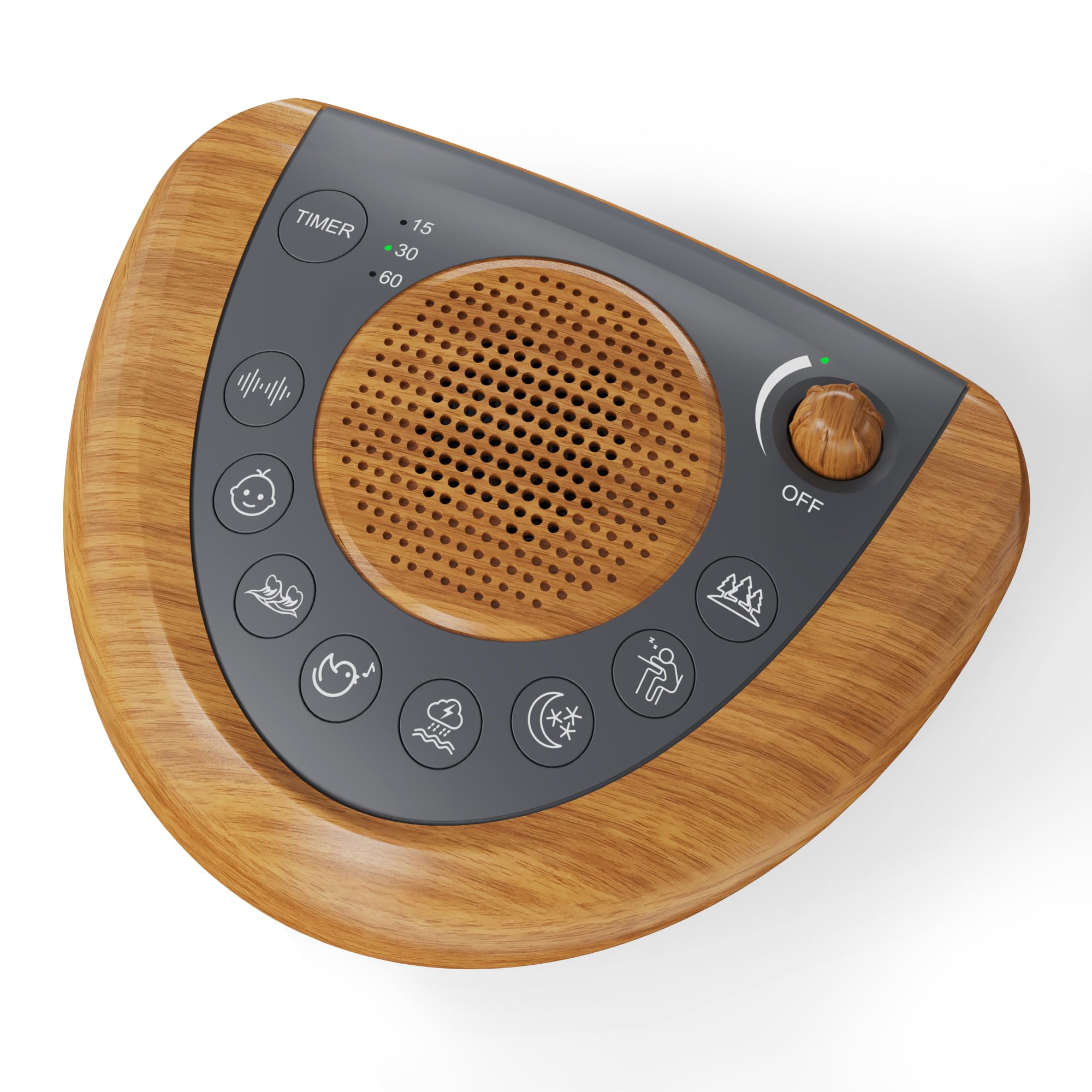 Raynic noise machine with wood grain design for a warm sleep environment.