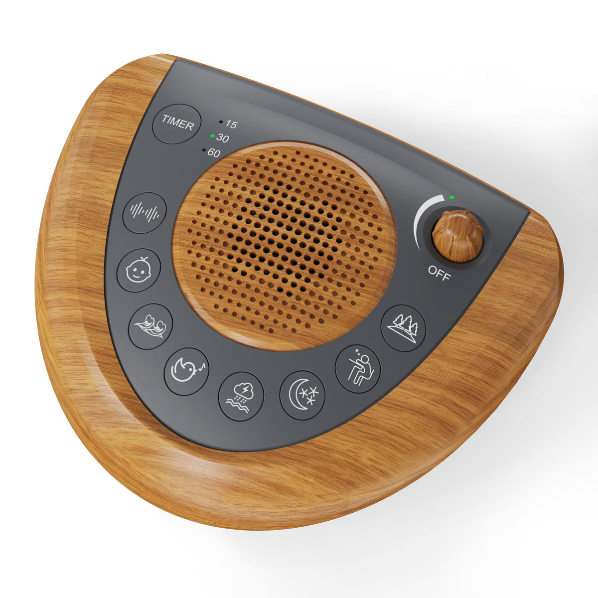 Raynic noise machine with wood grain design for a warm sleep environment.