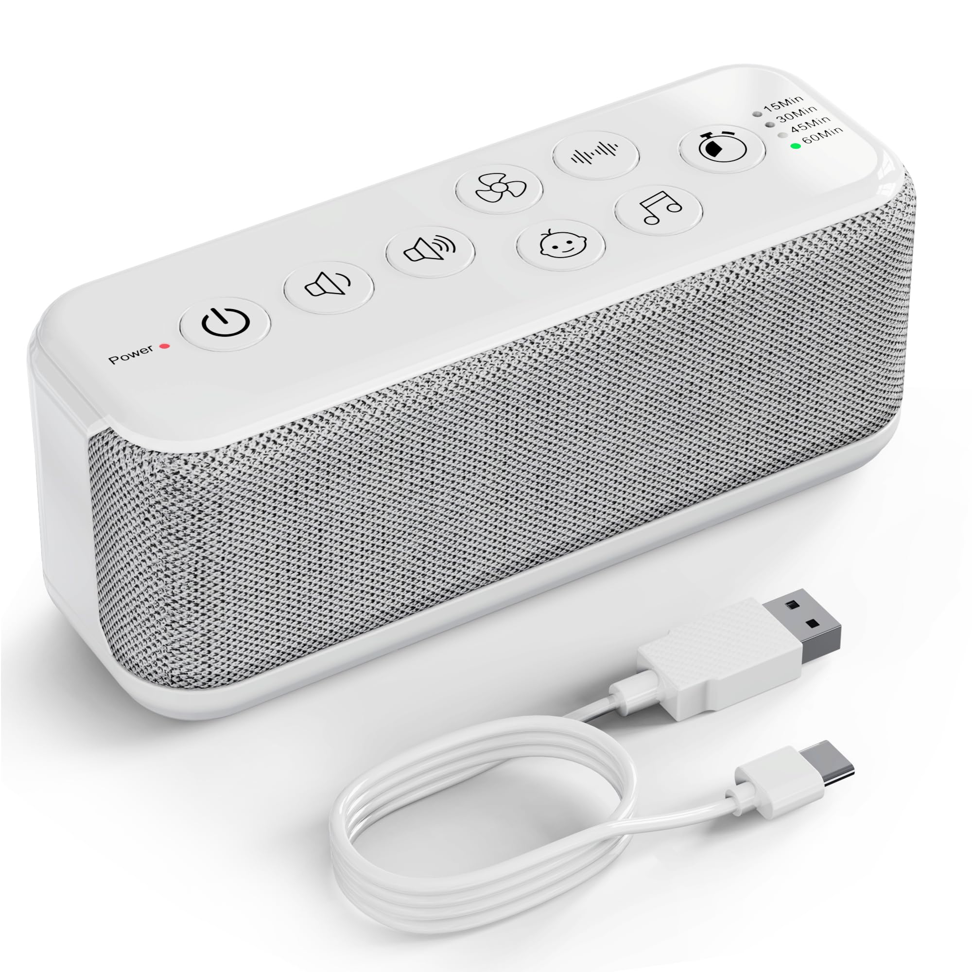 Raynic white noise machine front view showing 42 sounds for sleep and focus.