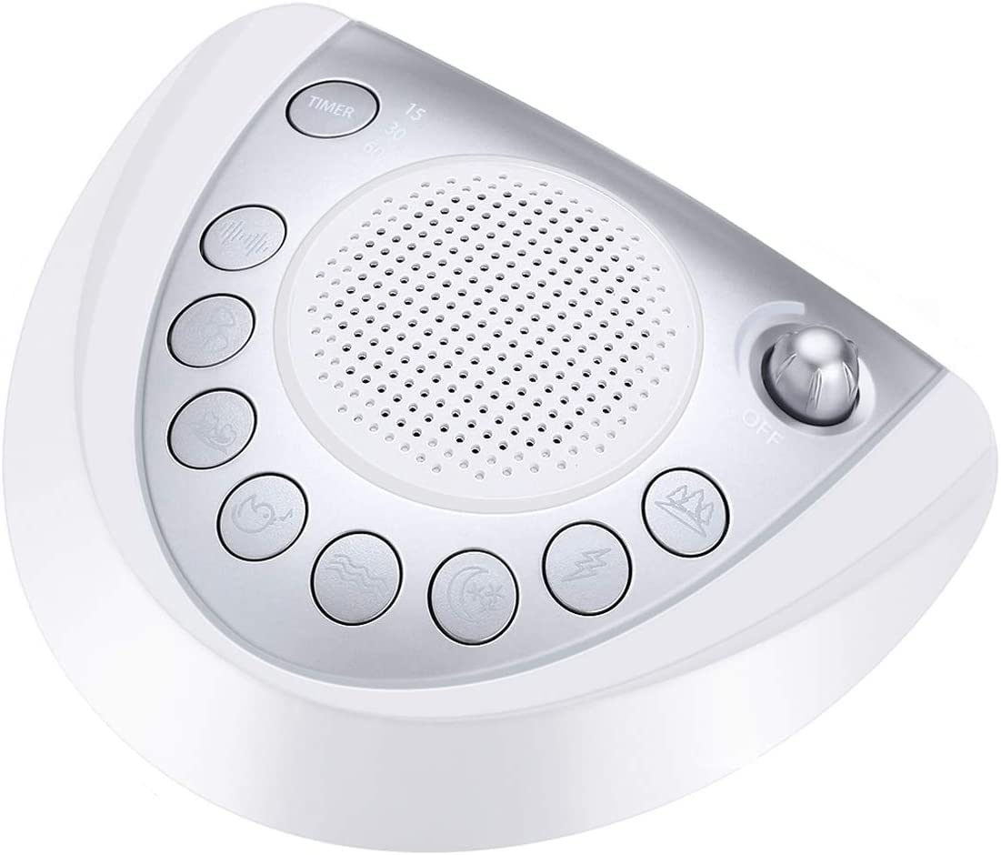 Raynic White Noise Machine front view highlighting portable sleep aid design
