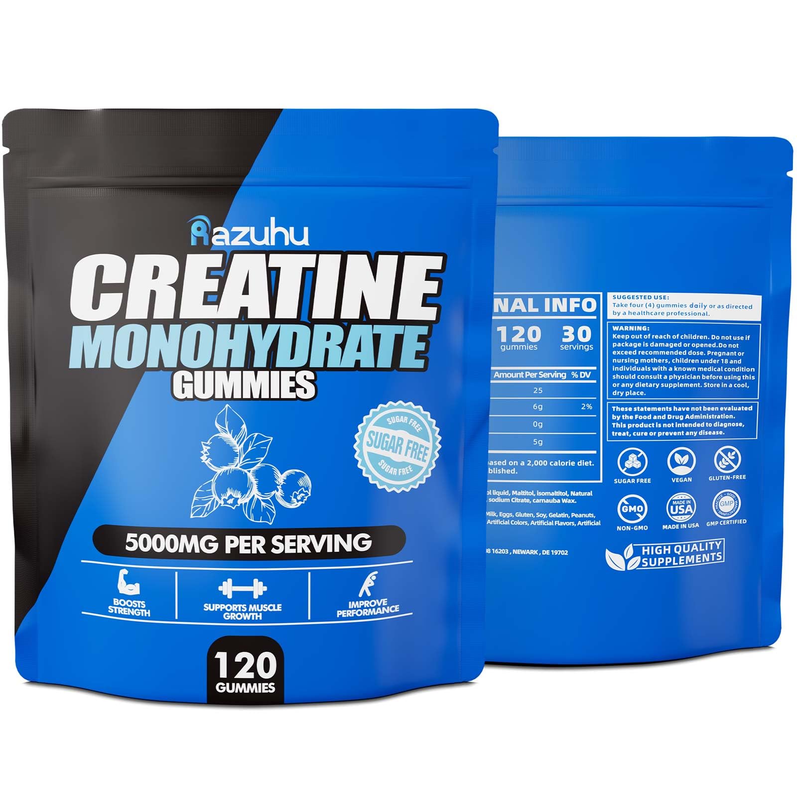 Razuhu 5g-per-serving creatine gummies support daily workout dosing.