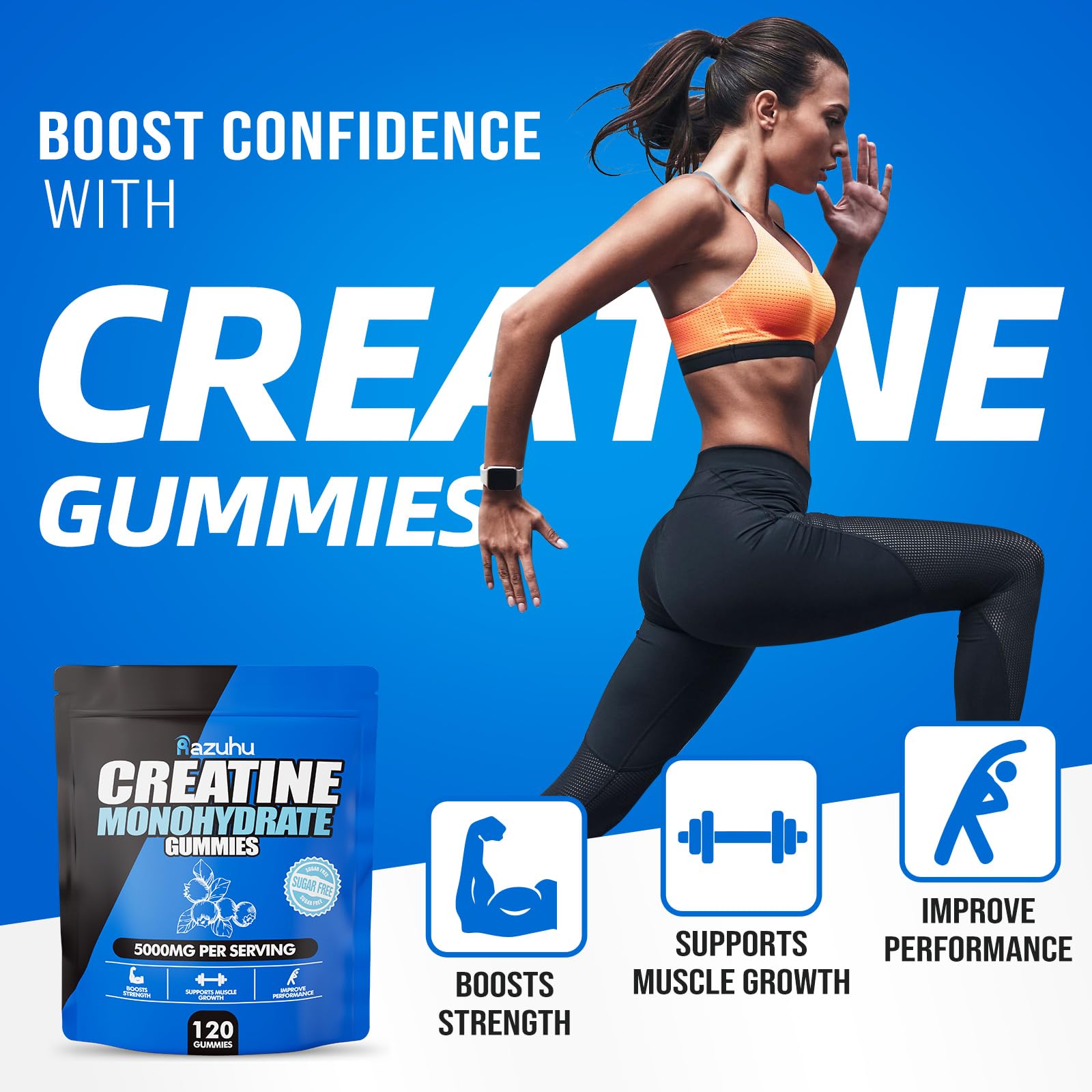Razuhu blueberry-flavored creatine gummies in close-up as daily fueling.