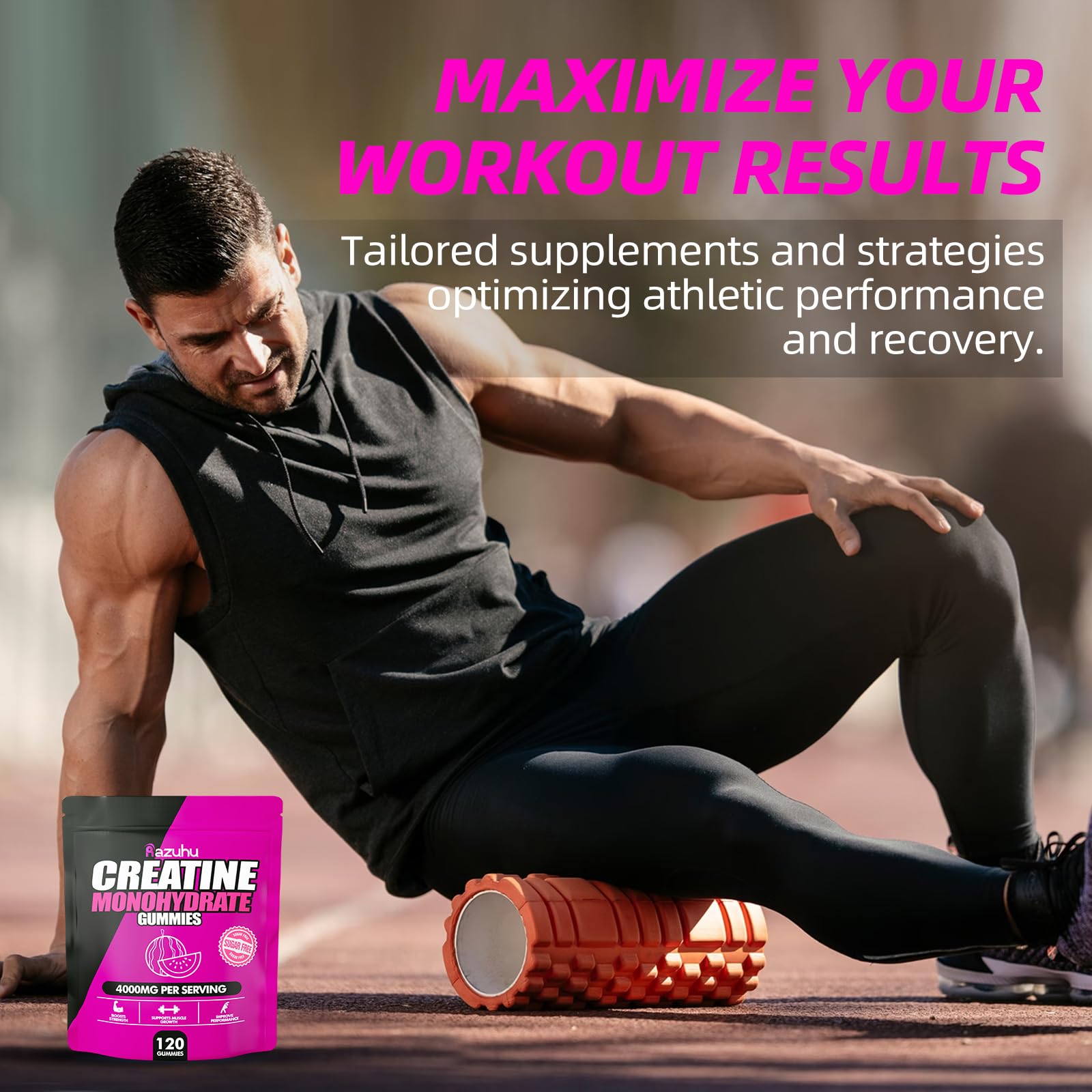 Razuhu Creatine Gummies sugar-free label – sugar-free pre-workout choice.