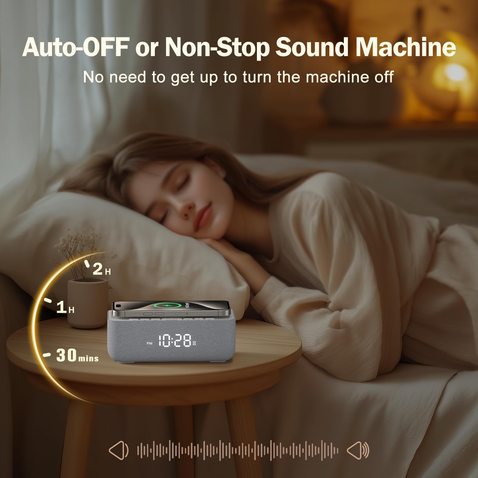 REACHER auto-off timer helps sleep with gentle white noise.