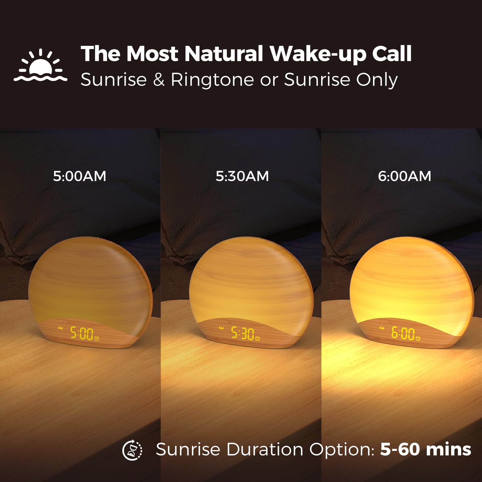 REACHER Sunrise Alarm Clock dimmer display showing adjustable brightness.