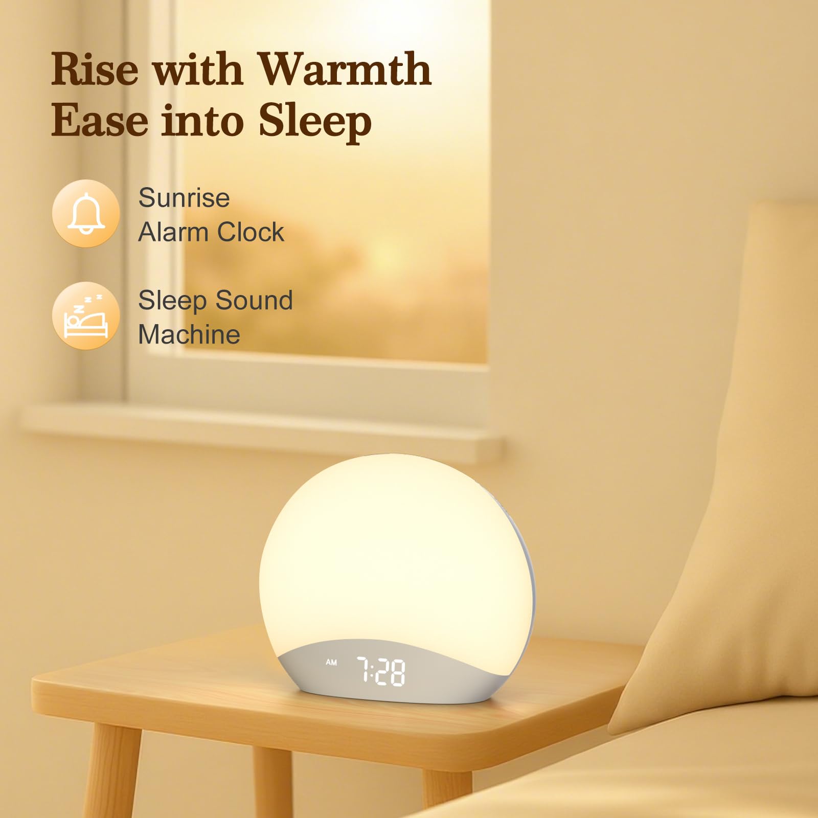 REACHER Sunrise Alarm Clock night light glow adds gentle ambience.