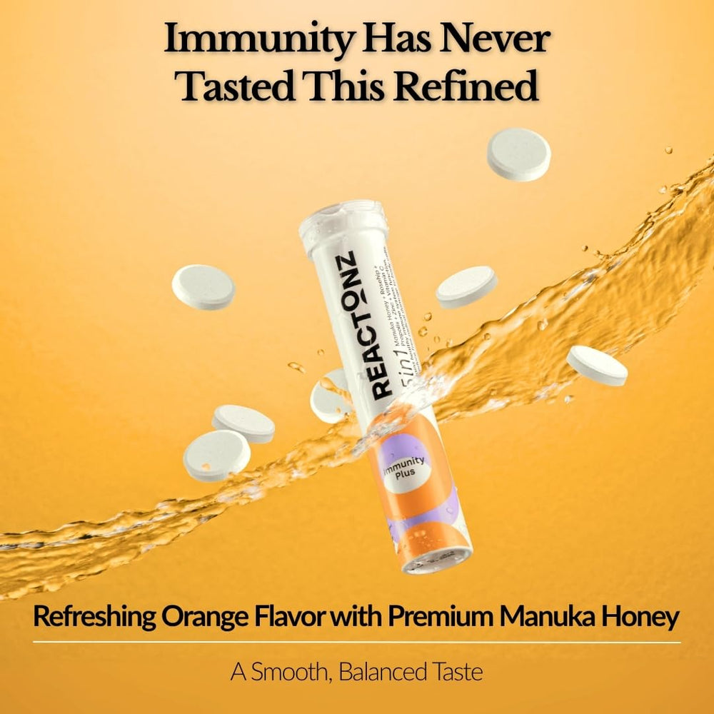 REACTONZ Immunity Plus clean-label packaging highlighting gluten-free and dairy-free formula