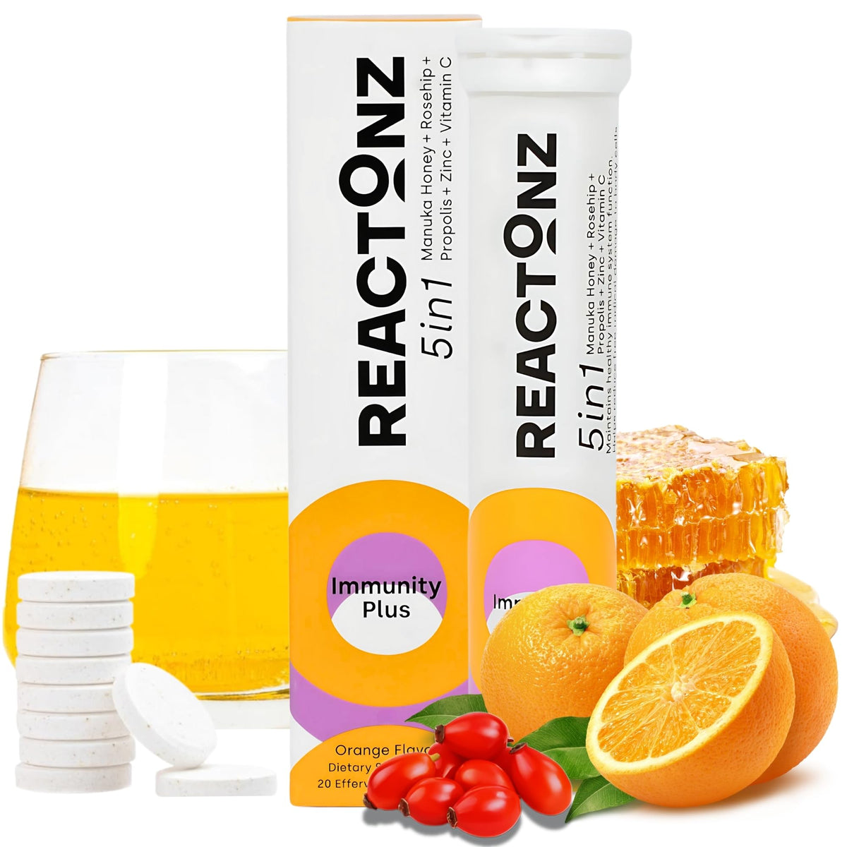 REACTONZ Immunity Plus orange effervescent tablet dissolving in water for daily refreshment