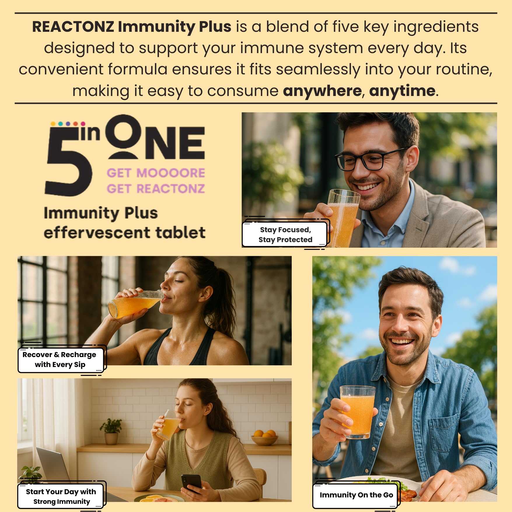 REACTONZ Immunity Plus travel-ready tablets in a compact box