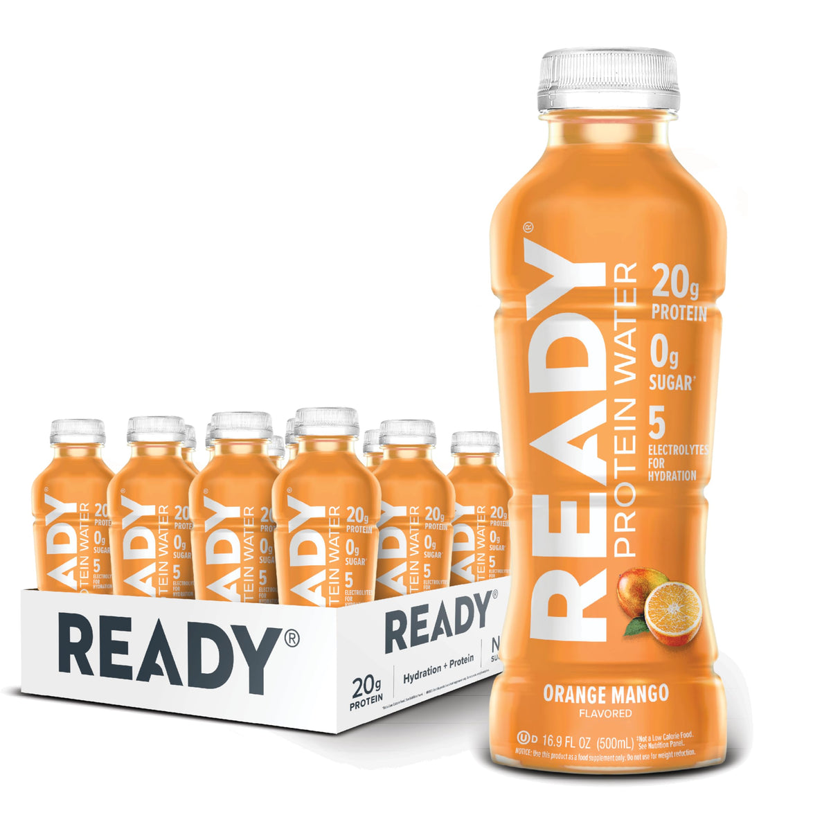 Ready Protein Water bottle front view showcasing 20g protein and zero sugar.