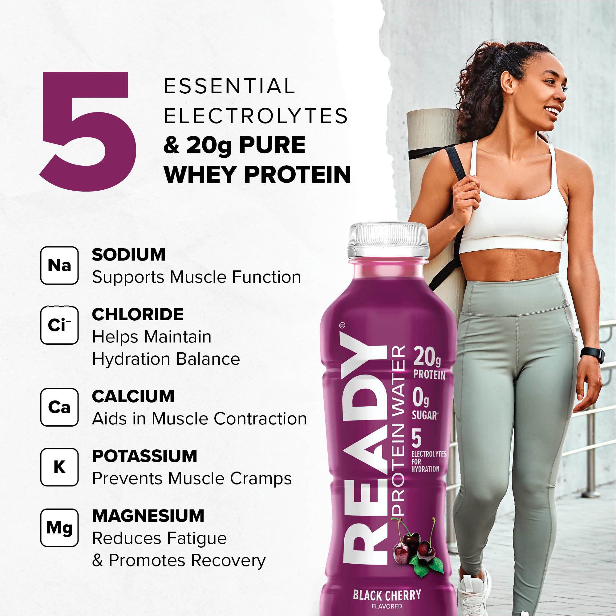 Close up of Ready Protein Water label highlighting zero sugar and electrolytes