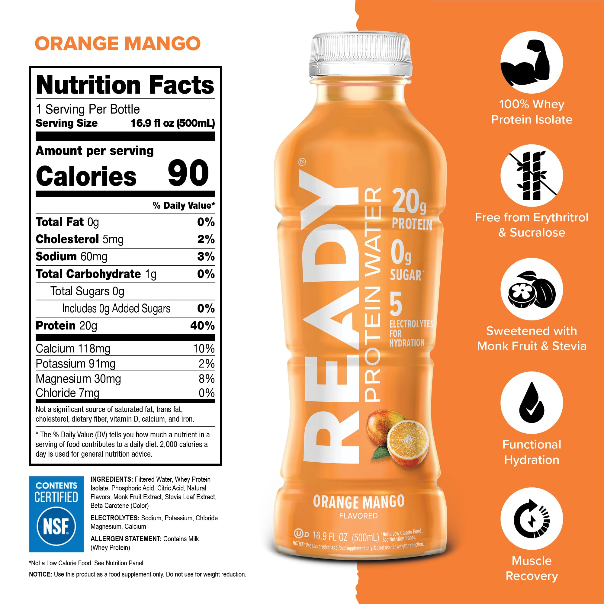 Ready Protein Water label close-up highlighting NSF certification.