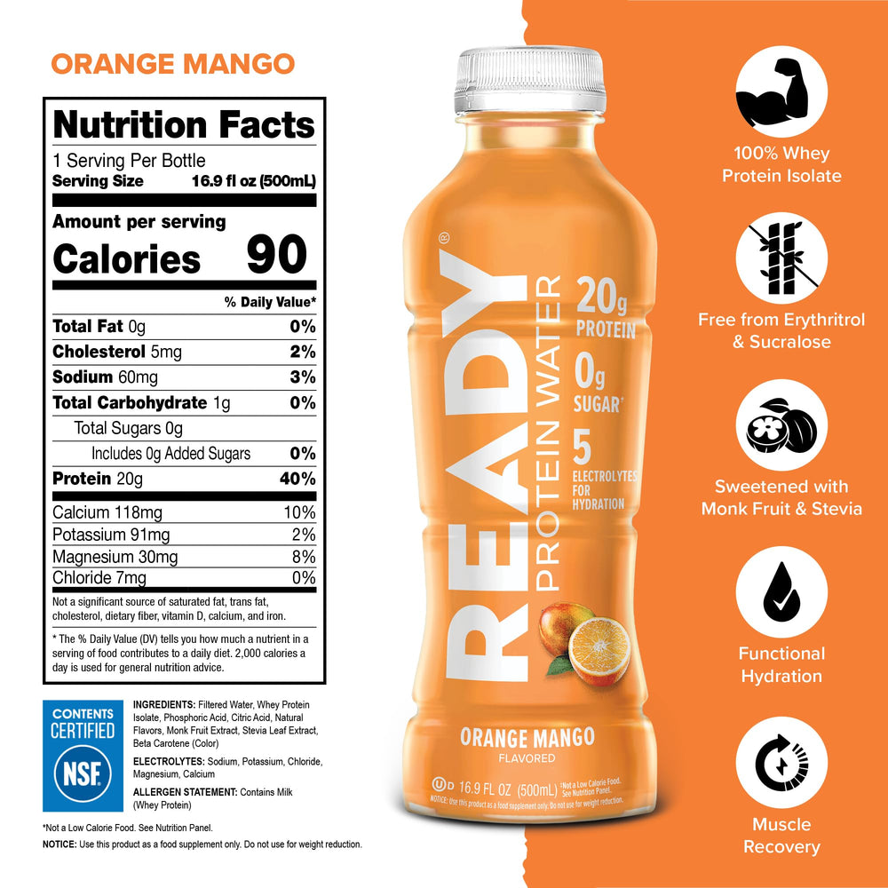 Ready Protein Water label close-up highlighting NSF certification.