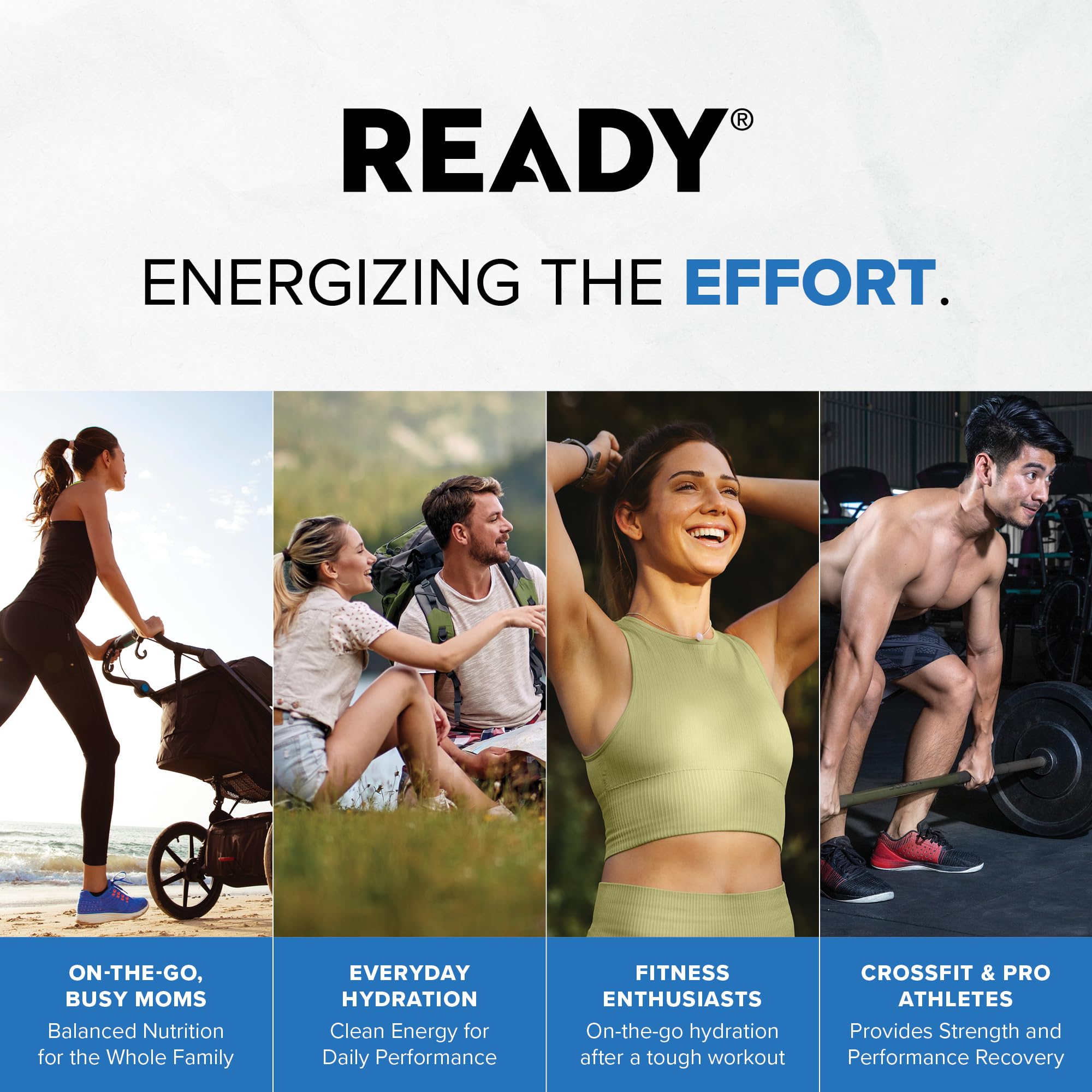 Nutrition panel on Ready Protein Water highlights electrolytes and amino acids.