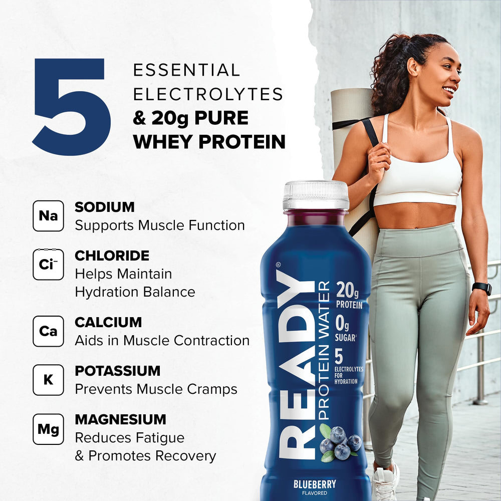 Refreshing Ready Clear Protein Water in a glass with blueberry flavor for hydration