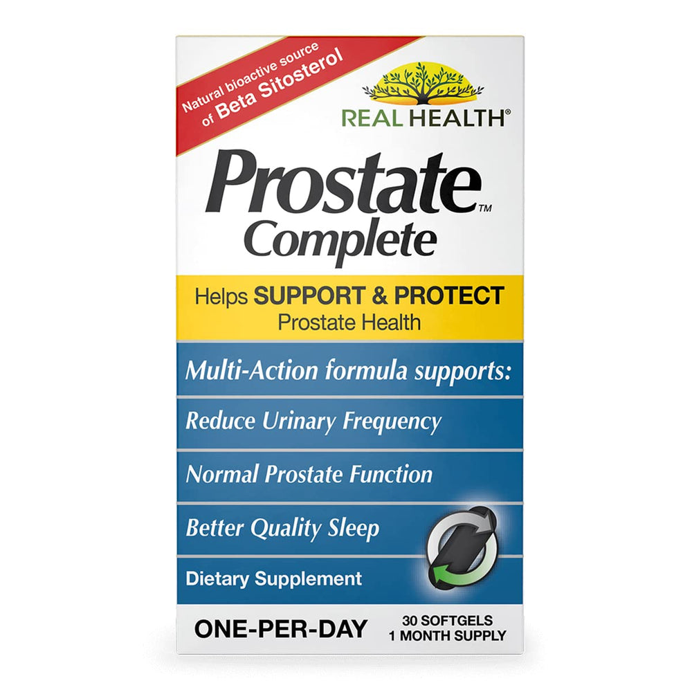 Real Health Prostate Complete bottle on white table for easy daily access