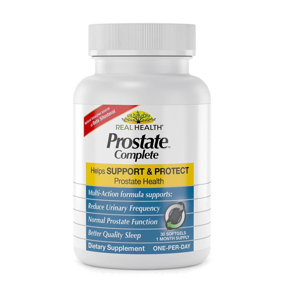 Real Health Prostate Complete bottle with glass of water demonstrates portable daily use