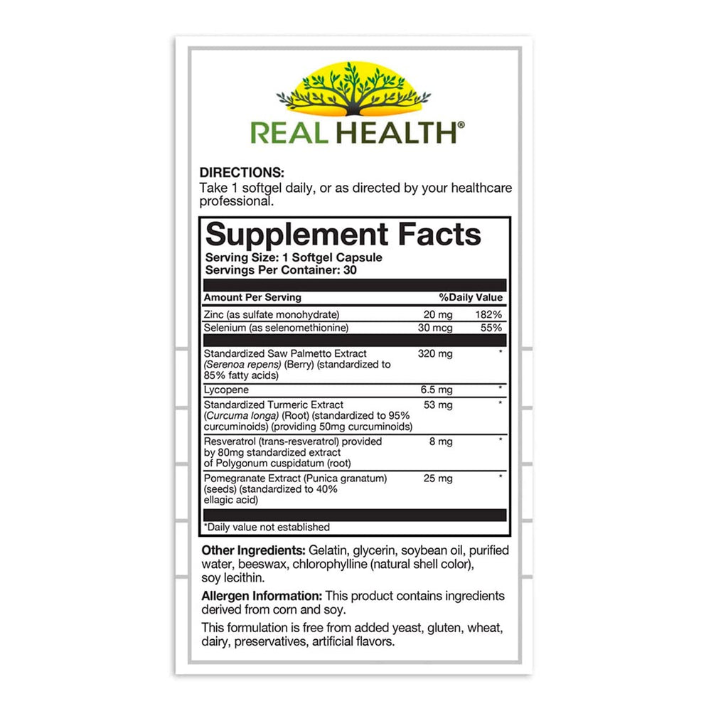 Real Health Prostate Complete lycopene pumpkin seed blend visuals for daily use