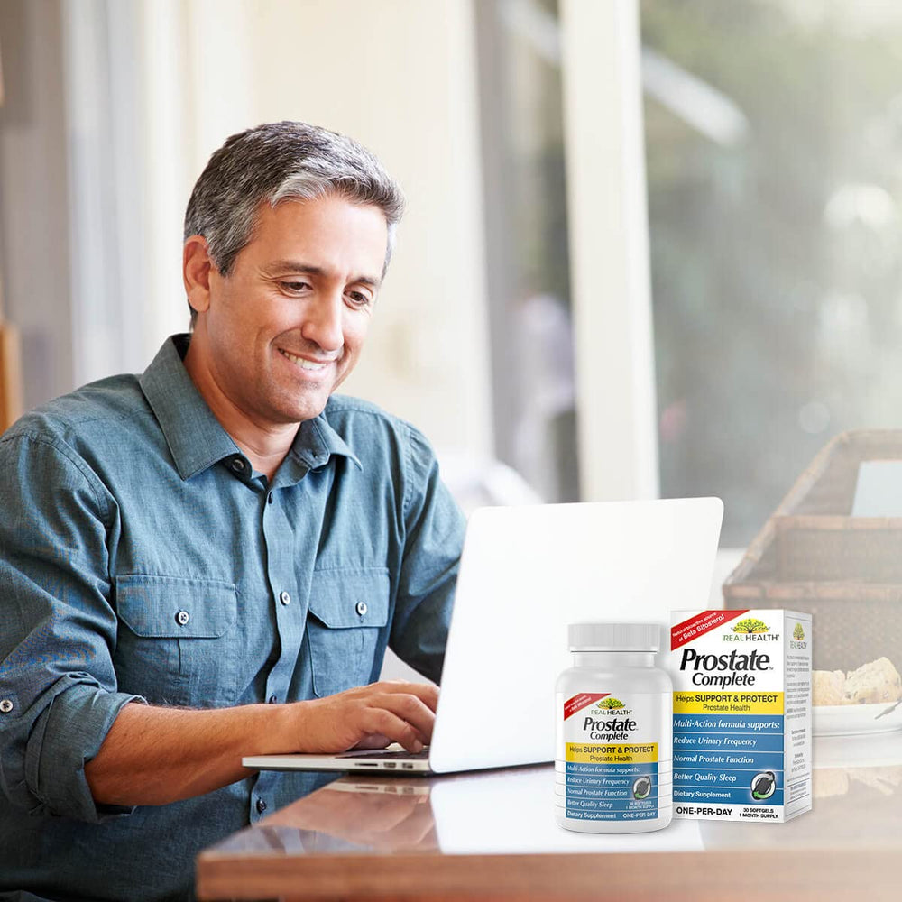 Real Health Prostate Complete packaging box shown on clean surface for storage