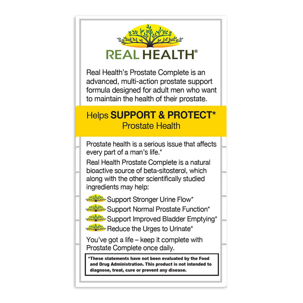 Real Health Prostate Complete bottle close-up with selenium notes for overall wellness