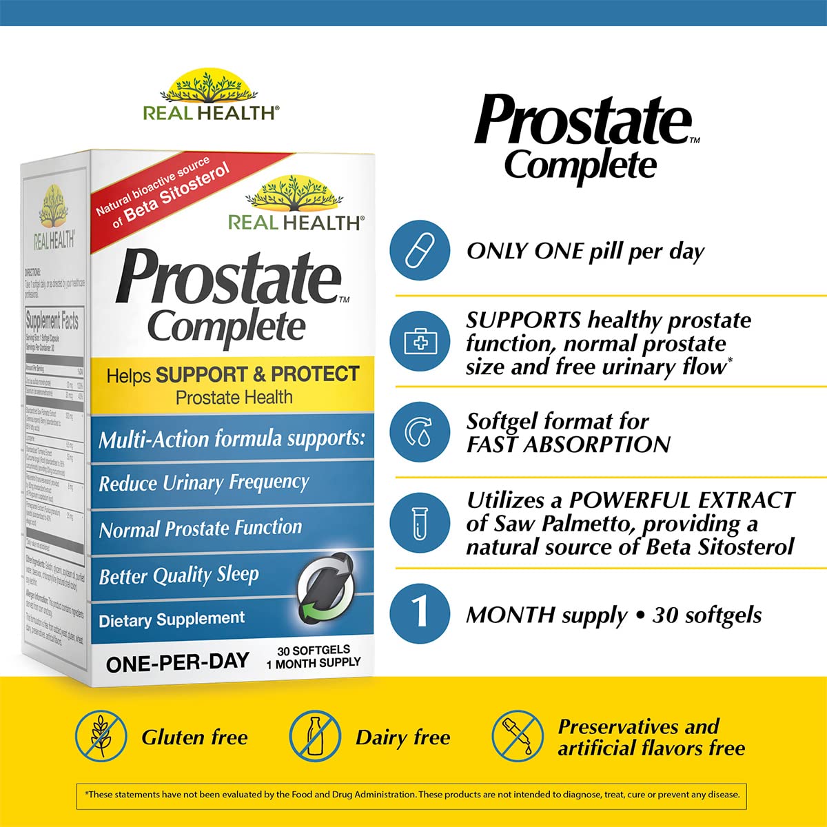 Real Health Prostate Complete softgels closeup highlighting natural ingredients