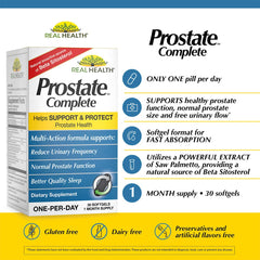 Real Health Prostate Complete softgels closeup highlighting natural ingredients