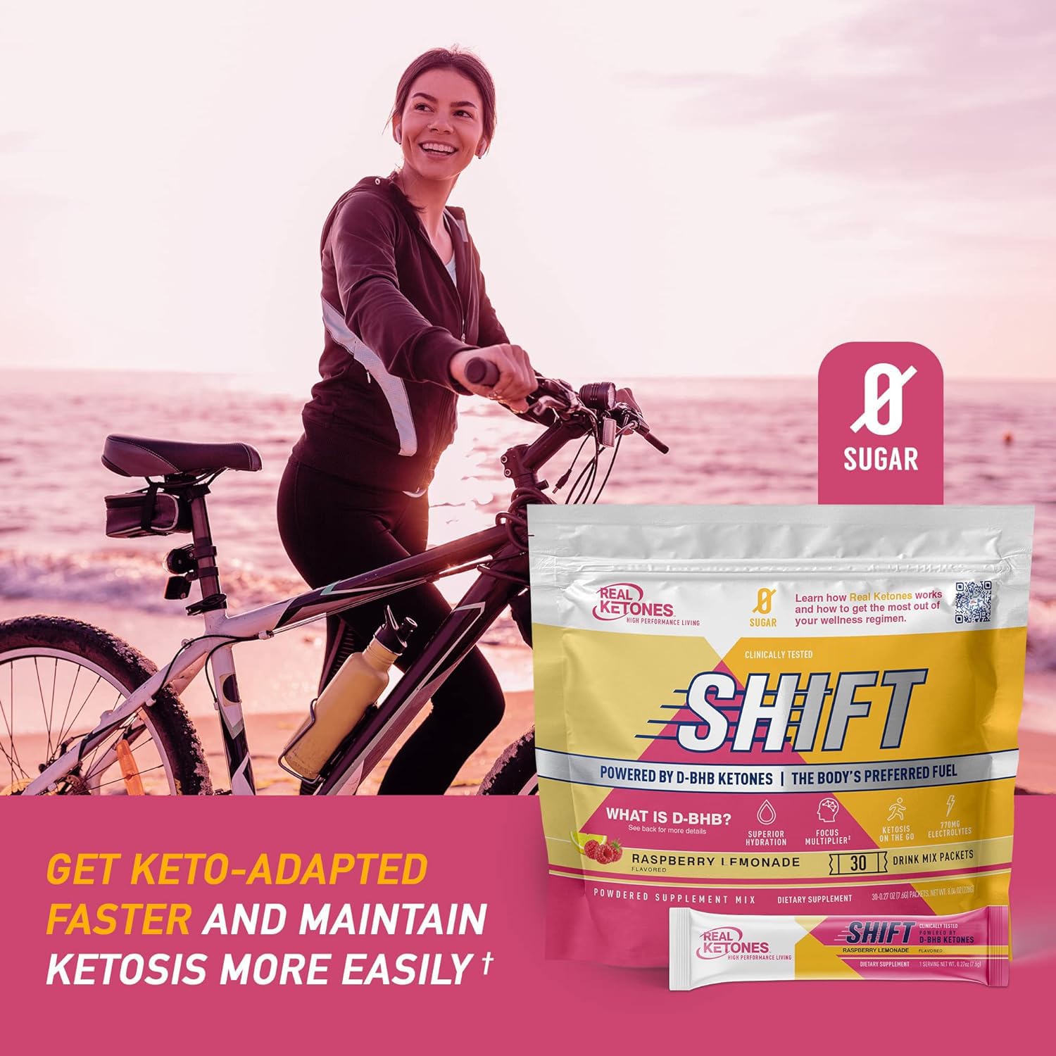 Real Ketones BHB bottle with label highlighting keto electrolyte blend and zero sugar.