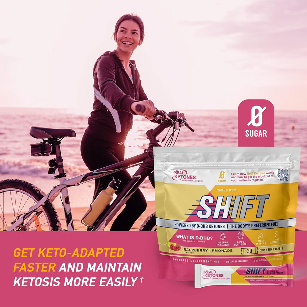 Real Ketones BHB bottle with label highlighting keto electrolyte blend and zero sugar.