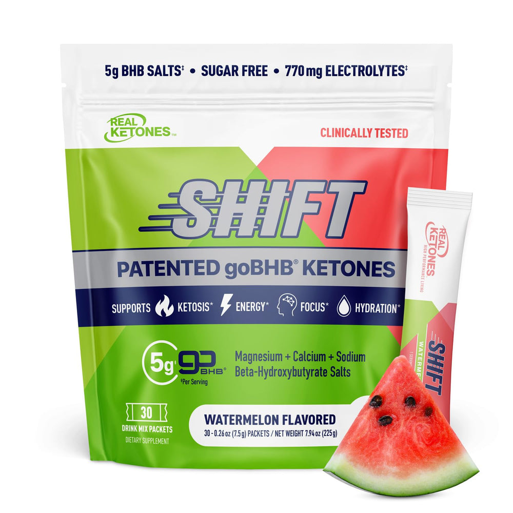 Real Ketones BHB drink mix Watermelon packets on shelf, sugar-free energy support for keto lifestyle.