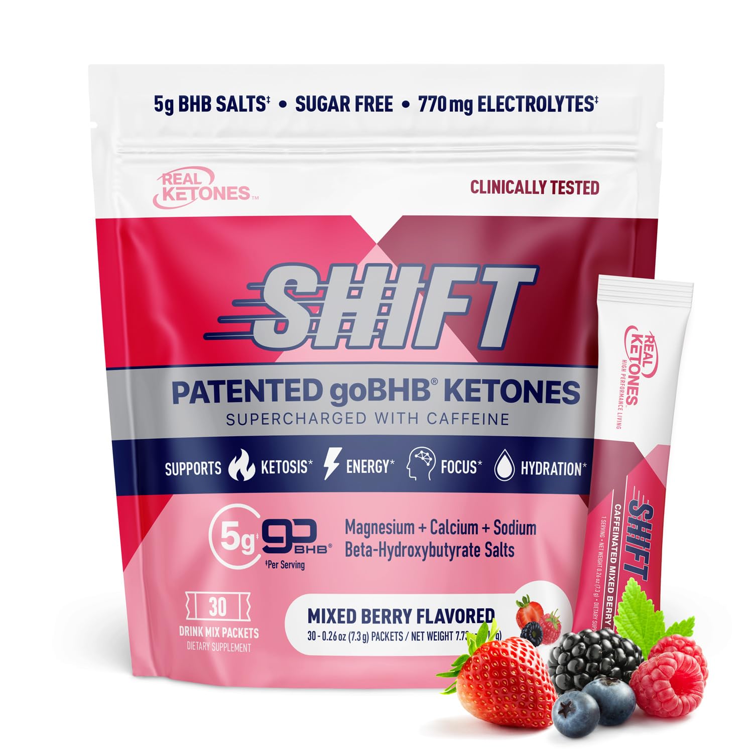 Real Ketones BHB exogenous packets front view for ketosis support and hydration.