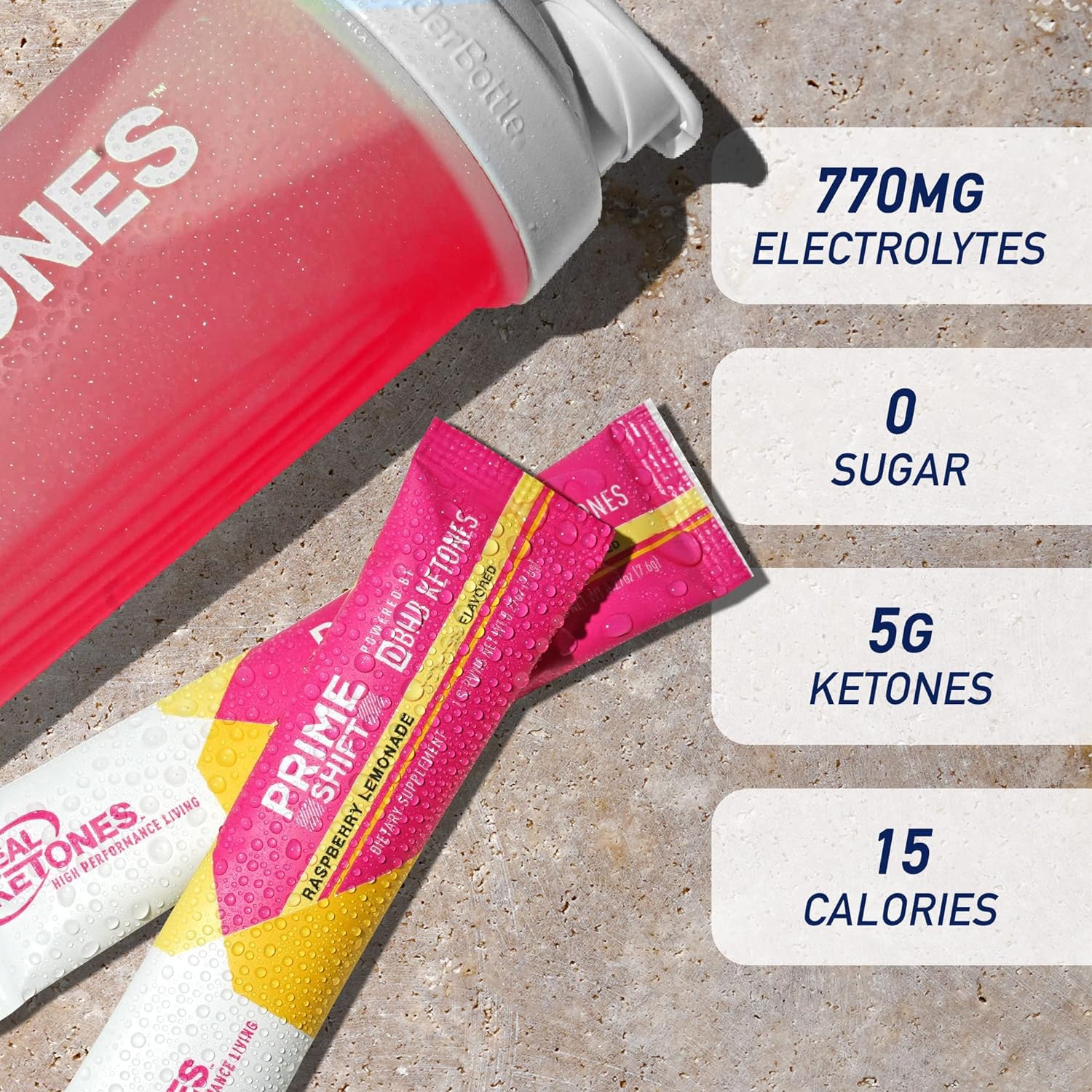 Real Ketones BHB packet dissolving in a glass of water for a refreshing boost.