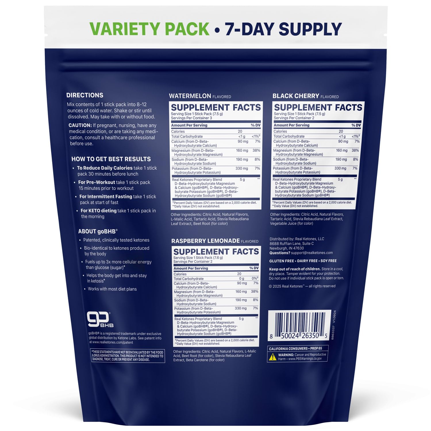 Real Ketones BHB packets back view with electrolyte blend and usage notes