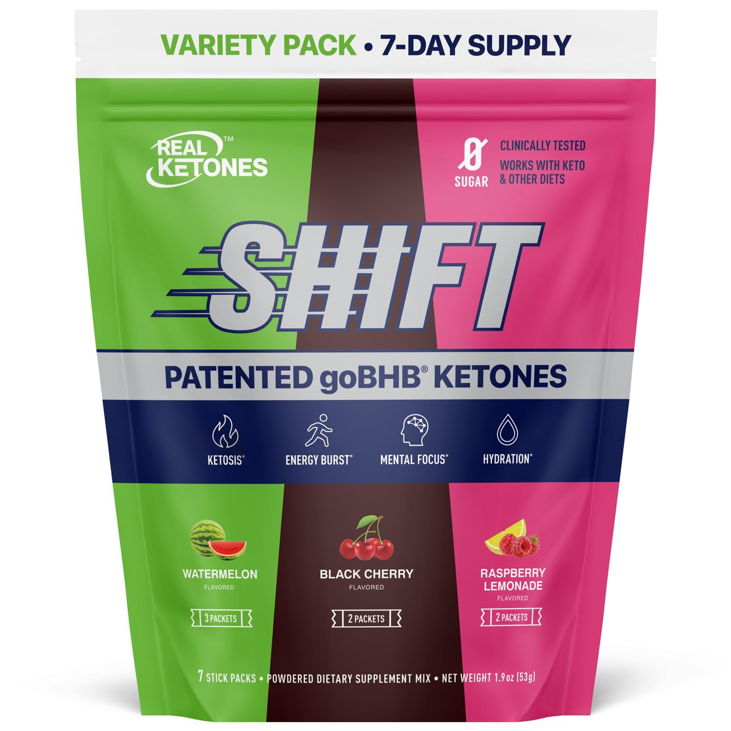 Real Ketones BHB packets front view showing sugar-free exogenous ketones for steady energy
