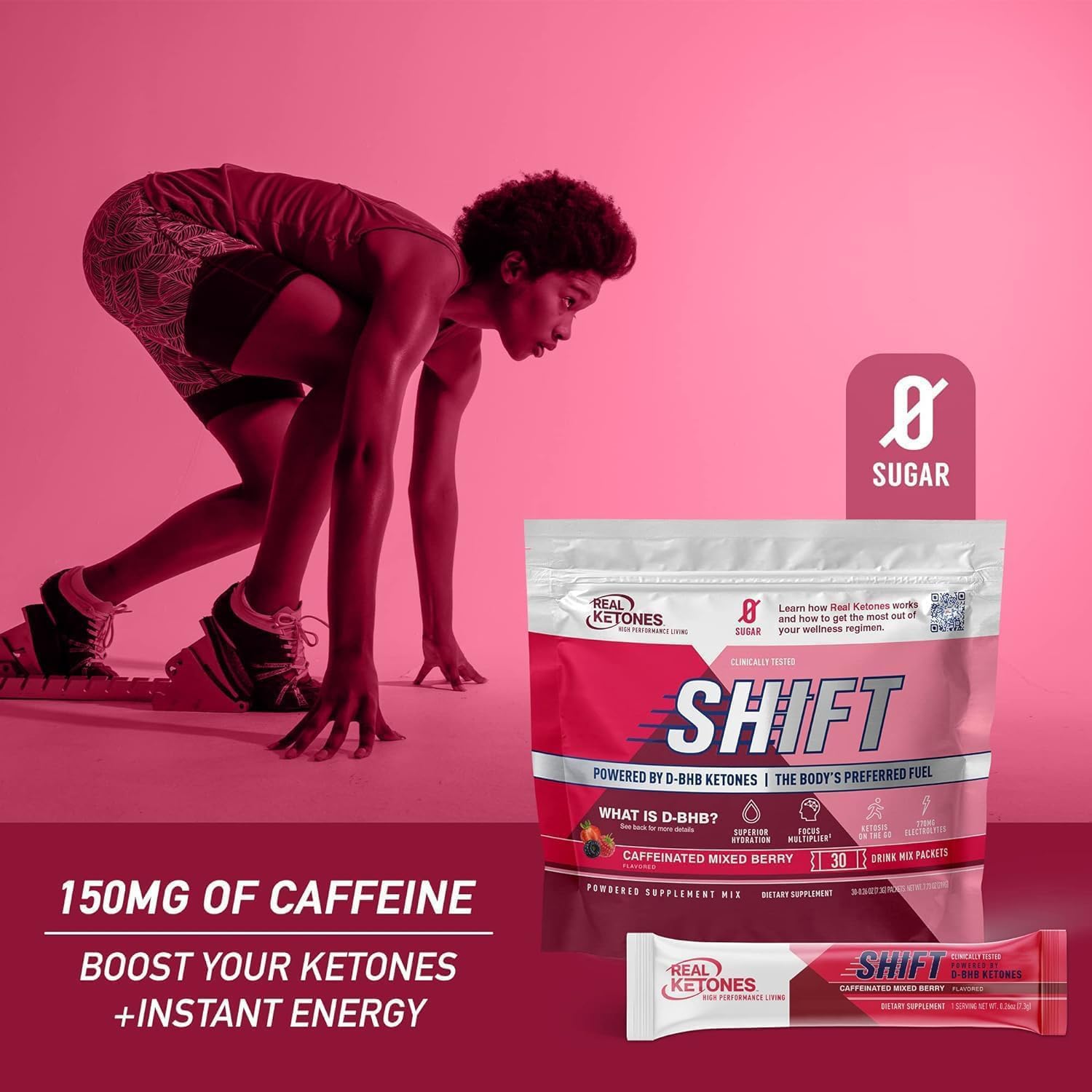 Real Ketones drink mixer with scoop pouring into glass.