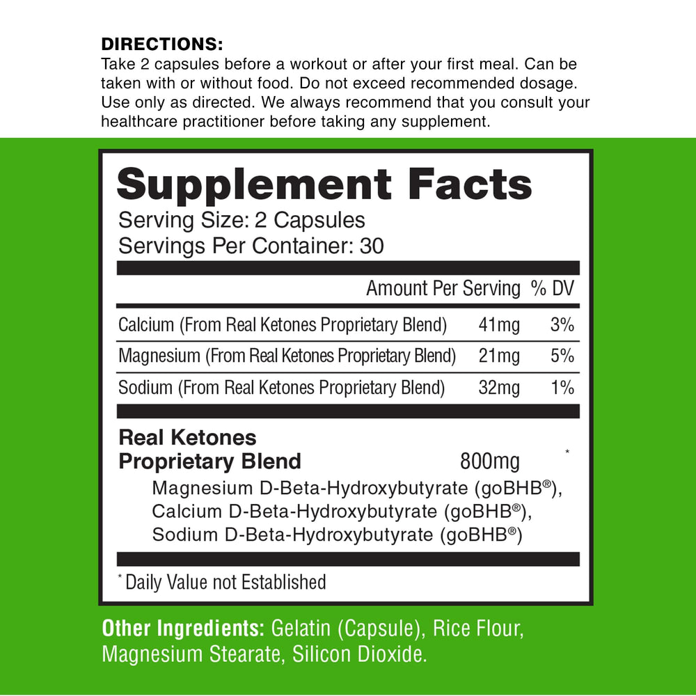 Real Ketones Keto BHB Salts Capsules daily use setup with bottle and glass.